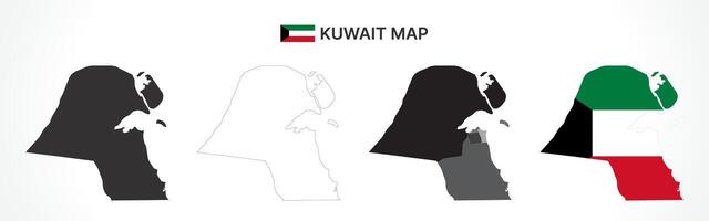 Detailed Kuwait Map Collection with Outline, Silhouette, Governorates, and Flag Overlay Variations vector