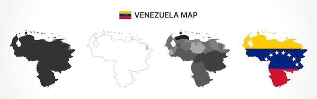 Detailed Venezuela Map Collection with Outline, Silhouette, States, and Flag Overlay Variations vector