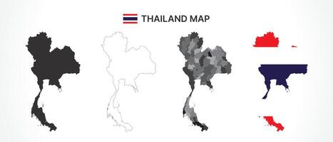 Detailed Thailand Map Collection with Outline, Silhouette, Provinces, and Flag Overlay Variations vector