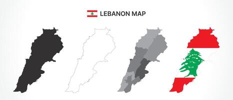 Detailed Lebanon Map Collection with Outline, Silhouette, Governorates, and Flag Overlay Variations vector