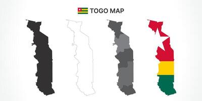 Detailed Togo Map Collection with Outline, Silhouette, Regions, and Flag Overlay Variations vector