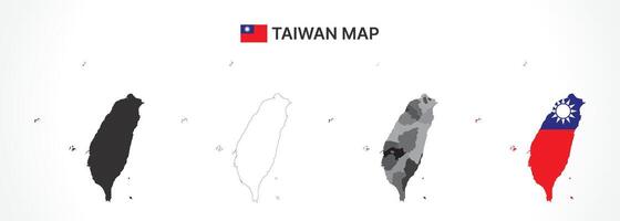 Detailed Taiwan Map Collection with Outline, Silhouette, Counties, and Flag Overlay Variations vector
