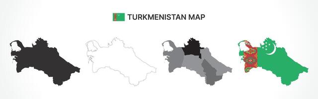Detailed Turkmenistan Map Collection with Outline, Silhouette, Regions, and Flag Overlay Variations vector