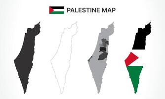 Detailed Palestine Map Collection with Outline, Silhouette, Governorates, and Flag Overlay Variations vector