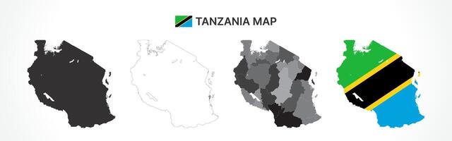 Detailed Tanzania Map Collection with Outline, Silhouette, Regions, and Flag Overlay Variations vector