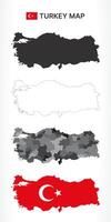 Detailed Turkey Map Collection with Outline, Silhouette, Provinces, and Flag Overlay Variations vector