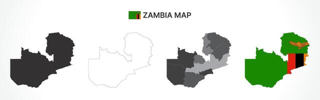 Detailed Zambia Map Collection with Outline, Silhouette, Provinces, and Flag Overlay Variations vector