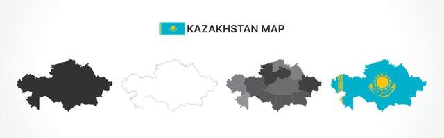 Detailed Kazakhstan Map Collection with Outline, Silhouette, Regions, and Flag Overlay Variations vector