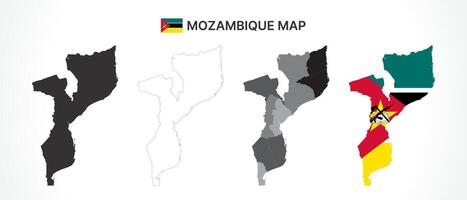Detailed Mozambique Map Collection with Outline, Silhouette, Provinces, and Flag Overlay Variations vector
