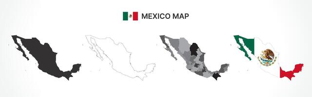 Detailed Mexico Map Collection with Outline, Silhouette, States, and Flag Overlay Variations vector