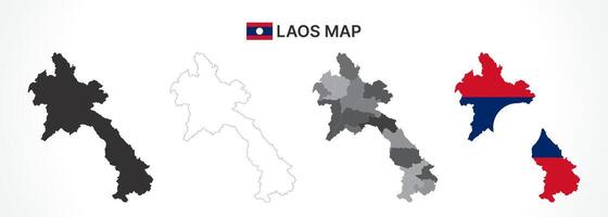 Detailed Laos Map Collection with Outline, Silhouette, Provinces, and Flag Overlay Variations vector