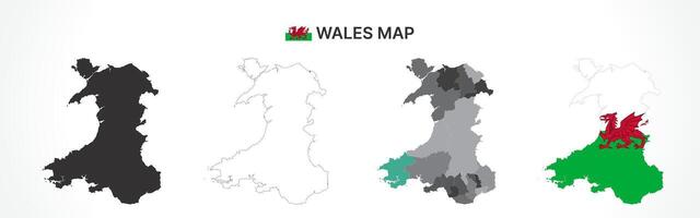 Detailed Wales Map Collection with Outline, Silhouette, Counties, and Flag Overlay Variations vector