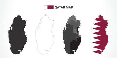 Detailed Qatar Map Collection with Outline, Silhouette, Municipalities, and Flag Overlay Variations vector