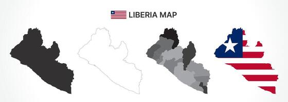 Detailed Liberia Map Collection with Outline, Silhouette, Counties, and Flag Overlay Variations vector