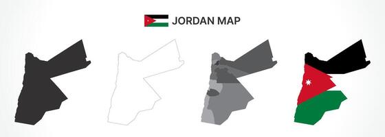 Detailed Jordan Map Collection with Outline, Silhouette, Governorates, and Flag Overlay Variations vector