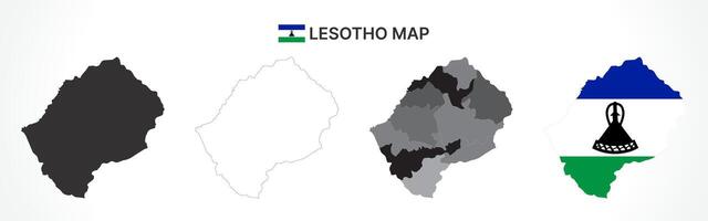 Detailed Lesotho Map Collection with Outline, Silhouette, Districts, and Flag Overlay Variations vector