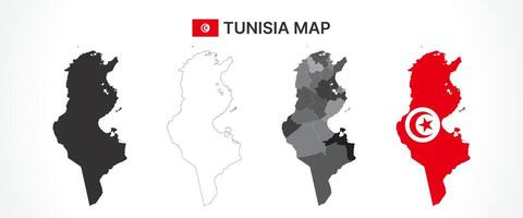 Detailed Tunisia Map Collection with Outline, Silhouette, Governorates, and Flag Overlay Variations vector