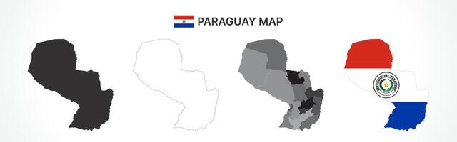 Detailed Paraguay Map Collection with Outline, Silhouette, Departments, and Flag Overlay Variations vector