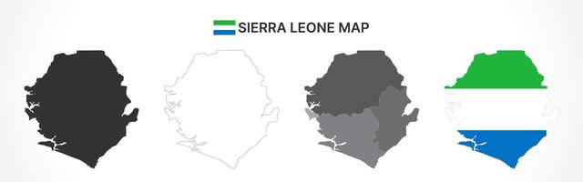 Detailed Sierra Leone Map Collection with Outline, Silhouette, Provinces, and Flag Overlay Variations vector