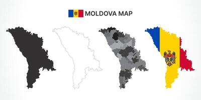 Detailed Moldova Map Collection with Outline, Silhouette, Districts, and Flag Overlay Variations vector