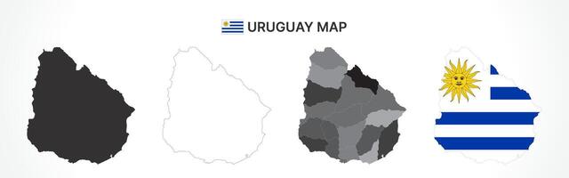 Detailed Uruguay Map Collection with Outline, Silhouette, Departments, and Flag Overlay Variations vector