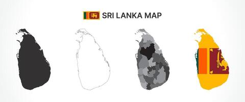 Detailed Sri Lanka Map Collection with Outline, Silhouette, Provinces, and Flag Overlay Variations vector