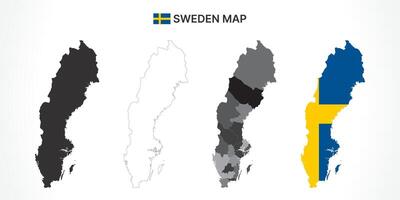 Detailed Sweden Map Collection with Outline, Silhouette, Counties, and Flag Overlay Variations vector