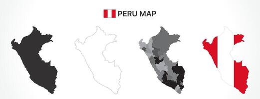 Detailed Peru Map Collection with Outline, Silhouette, Regions, and Flag Overlay Variations vector