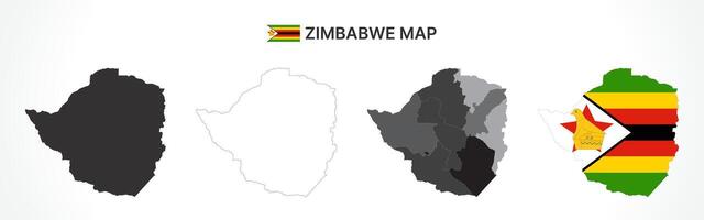 Detailed Zimbabwe Map Collection with Outline, Silhouette, Provinces, and Flag Overlay Variations vector