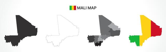 Detailed Mali Map Collection with Outline, Silhouette, Regions, and Flag Overlay Variations vector