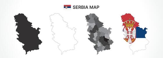 Detailed Serbia Map Collection with Outline, Silhouette, Districts, and Flag Overlay Variations vector
