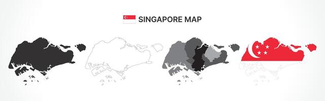 Detailed Singapore Map Collection with Outline, Silhouette, Districts, and Flag Overlay Variations vector