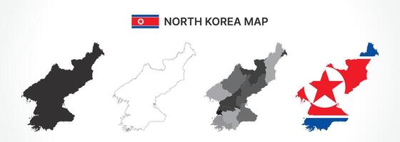 Detailed North Korea Map Collection with Outline, Silhouette, Provinces, and Flag Overlay Variations vector