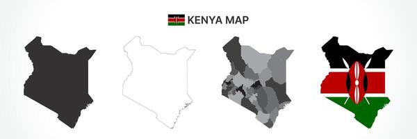 Detailed Kenya Map Collection with Outline, Silhouette, Counties, and Flag Overlay Variations vector