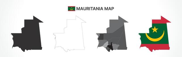 Detailed Mauritania Map Collection with Outline, Silhouette, Regions, and Flag Overlay Variations vector