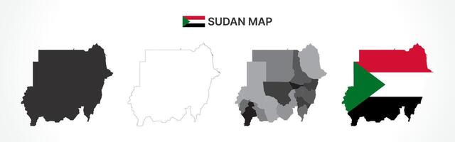 Detailed Sudan Map Collection with Outline, Silhouette, States, and Flag Overlay Variations vector