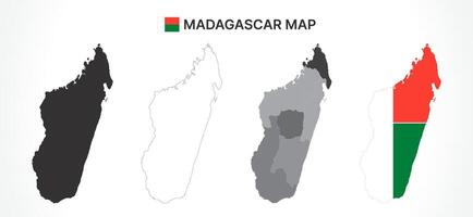 Detailed Madagascar Map Collection with Outline, Silhouette, Regions, and Flag Overlay Variations vector