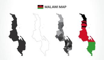 Detailed Malawi Map Collection with Outline, Silhouette, Regions, and Flag Overlay Variations vector