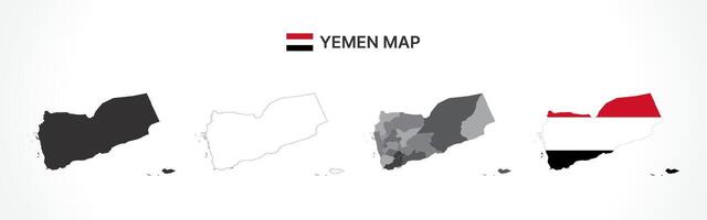 Detailed Yemen Map Collection with Outline, Silhouette, Governorates, and Flag Overlay Variations vector