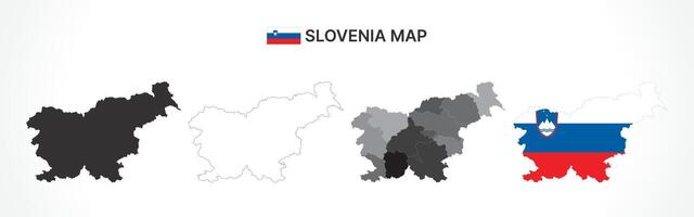 Detailed Slovenia Map Collection with Outline, Silhouette, Regions, and Flag Overlay Variations vector