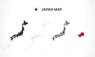 Detailed Japan Map Collection with Outline, Silhouette, Prefectures, and Flag Overlay Variations vector
