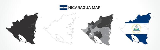 Detailed Nicaragua Map Collection with Outline, Silhouette, Departments, and Flag Overlay Variations vector