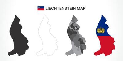 Detailed Liechtenstein Map Collection with Outline, Silhouette, Municipalities, and Flag Overlay Variations vector