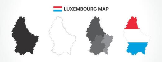Detailed Luxembourg Map Collection with Outline, Silhouette, Districts, and Flag Overlay Variations vector