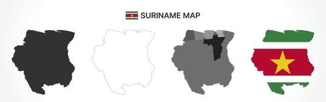 Detailed Suriname Map Collection with Outline, Silhouette, Districts, and Flag Overlay Variations vector