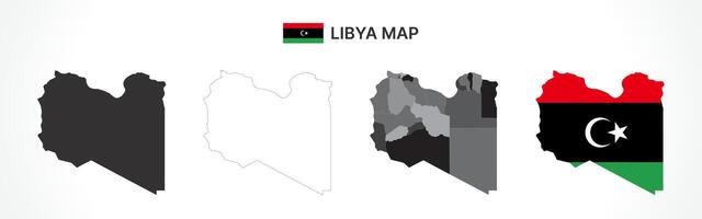 Detailed Libya Map Collection with Outline, Silhouette, Districts, and Flag Overlay Variations vector