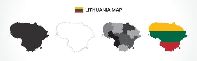 Detailed Lithuania Map Collection with Outline, Silhouette, Counties, and Flag Overlay Variations vector