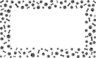 Rectangular frame with pet paw prints and bone with blank space for text. Black silhouette track of dog or cat paw prints Pet paw prints frame for decorating shop windows, websites, etc vector