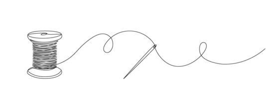 Continuous drawing of one editable line of thread spool and sewing needle. Sewing accessories icon for needlework and tailor , in simple linear style. illustration. vector