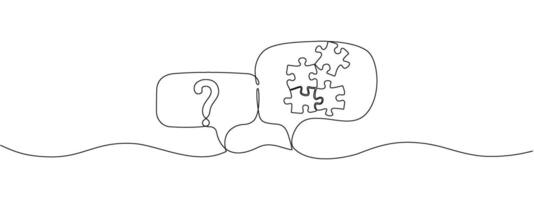 Question puzzles in speech bubbles with one solid line. Concept problem solving, business solutions, education in simple linear style. editable illustration vector